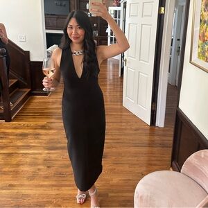 Zara Black Midi Dress with Plunging Neckline